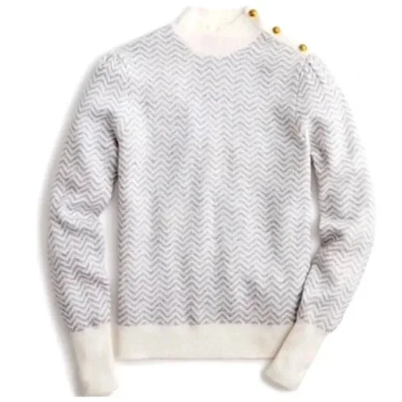 J.Crew Button-Detail Mockneck Sweater in Herringbone - Grey / White NWT - Picture 1 of 7